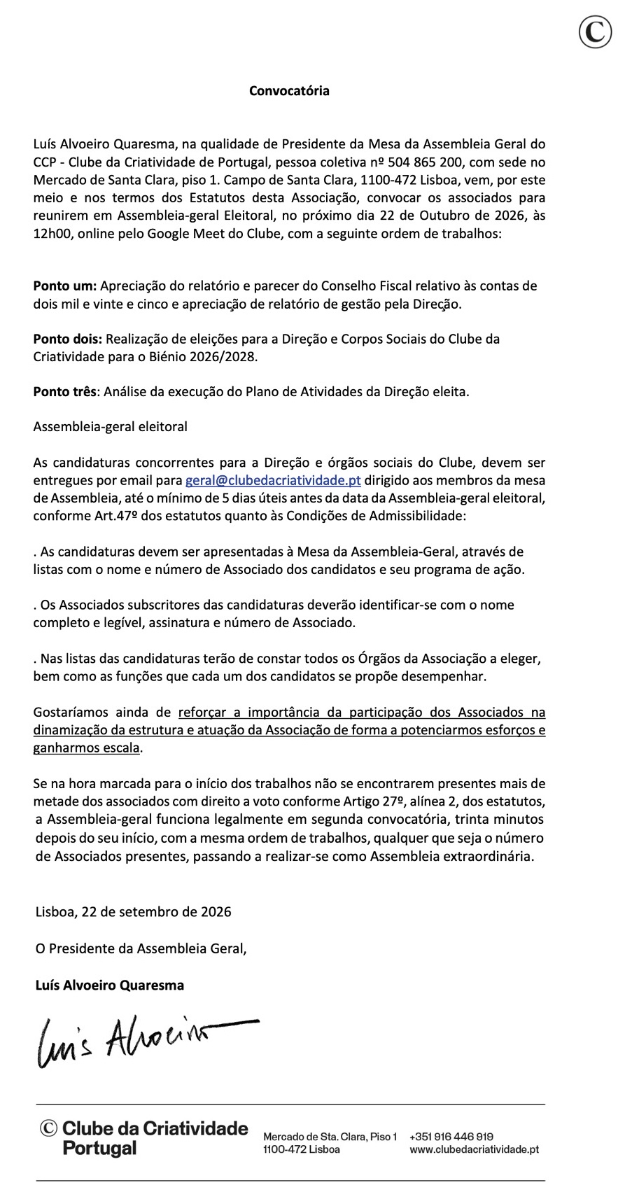 2026 Assembleia Geral e Eleições CCP para o Biénio 2026/2028