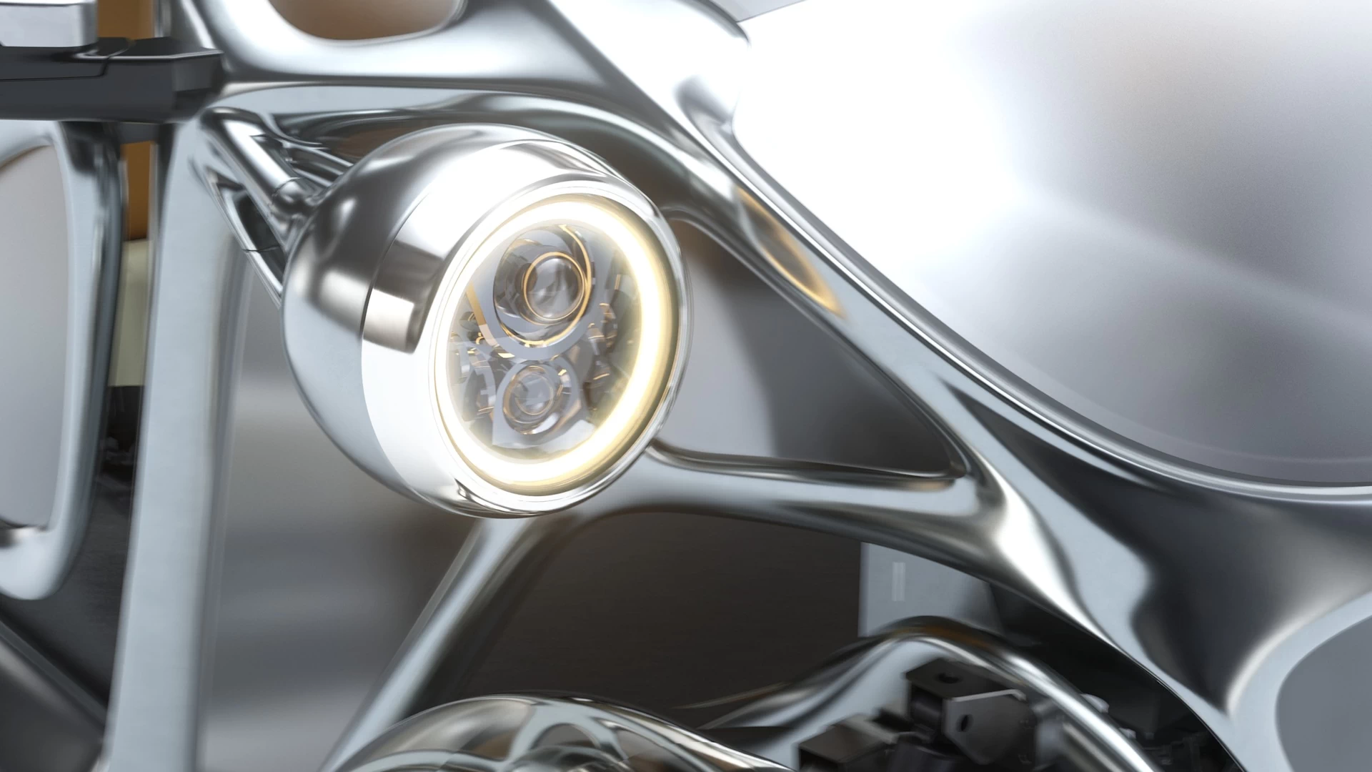 Front closeup view of a headlight and surrounding body of the PIX Moving Beastie small open-air 2 seater city car 3d printed out of aluminium