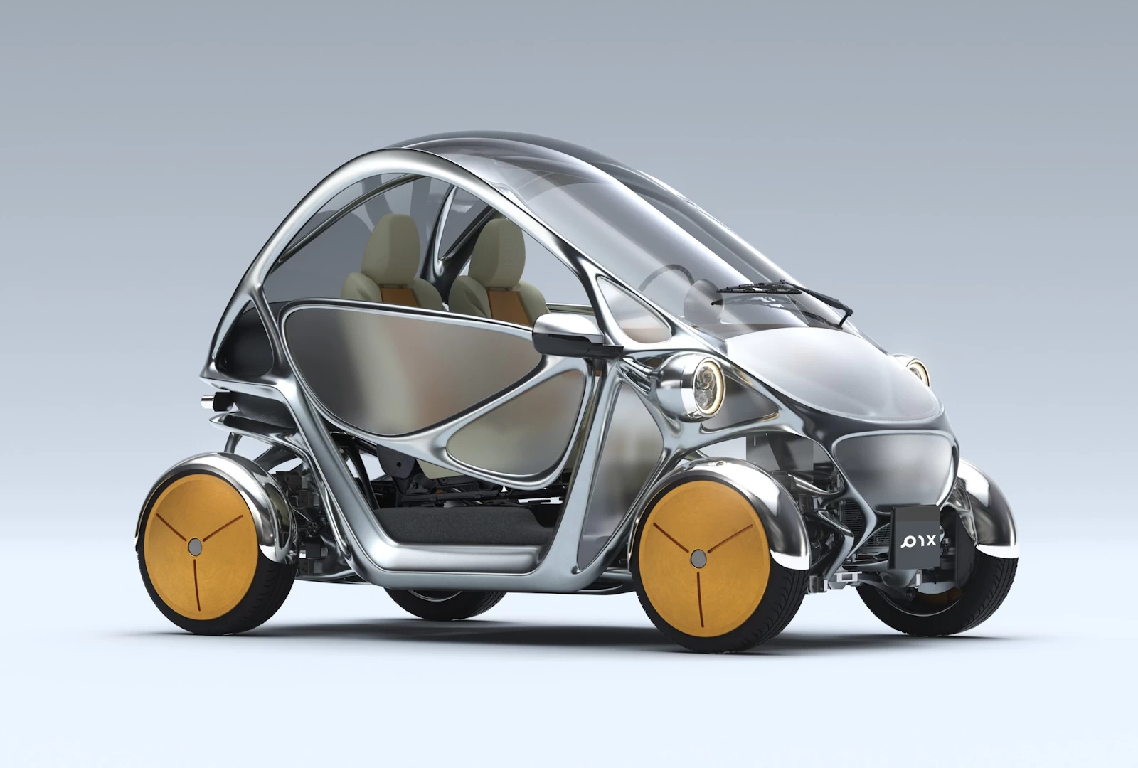 Side view of the PIX Moving Beastie small open-air 2 seater city car 3d printed out of aluminium