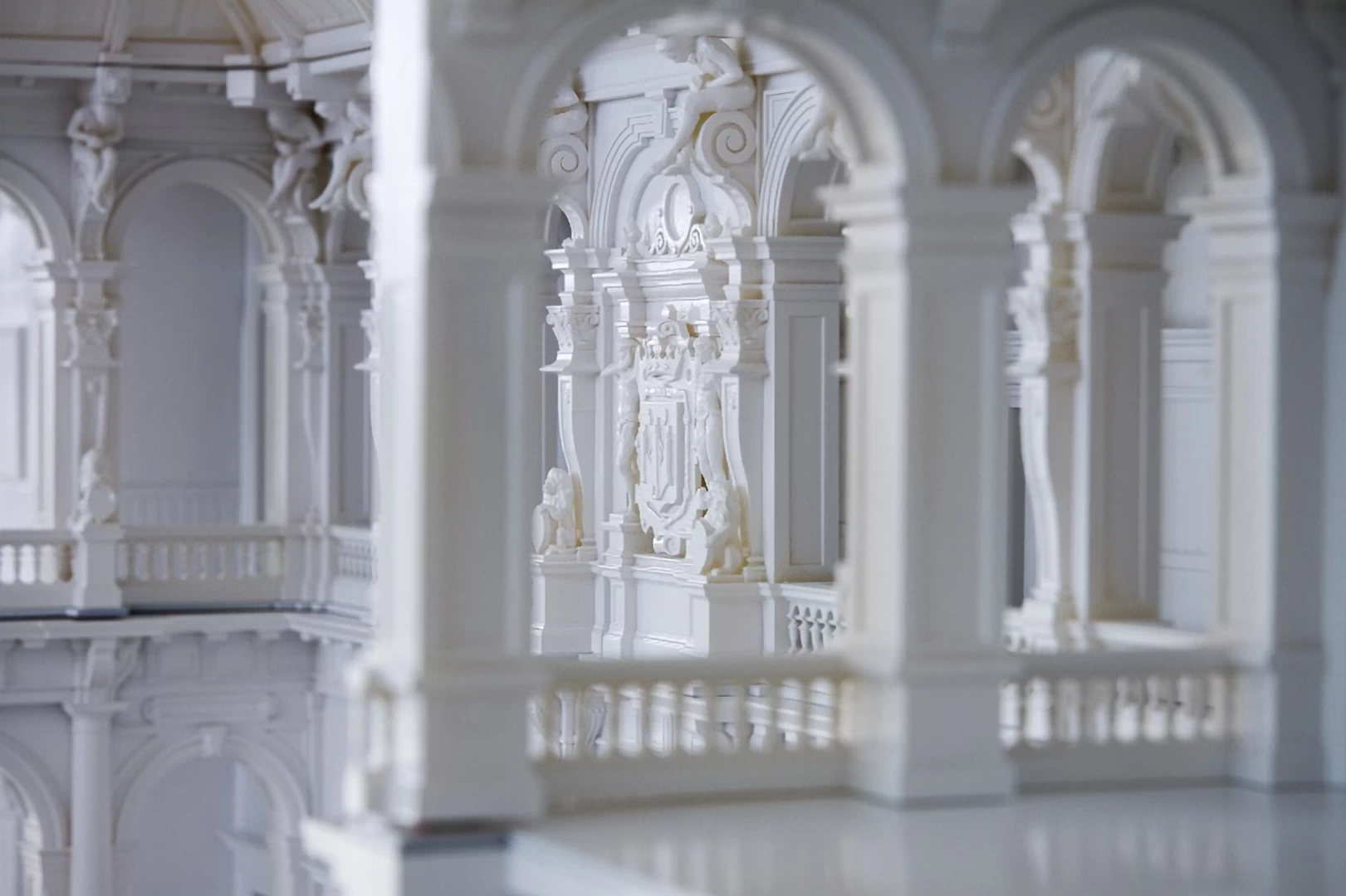 Inside view of a white model of a the city hall of antwerp 3d printed in sla resin