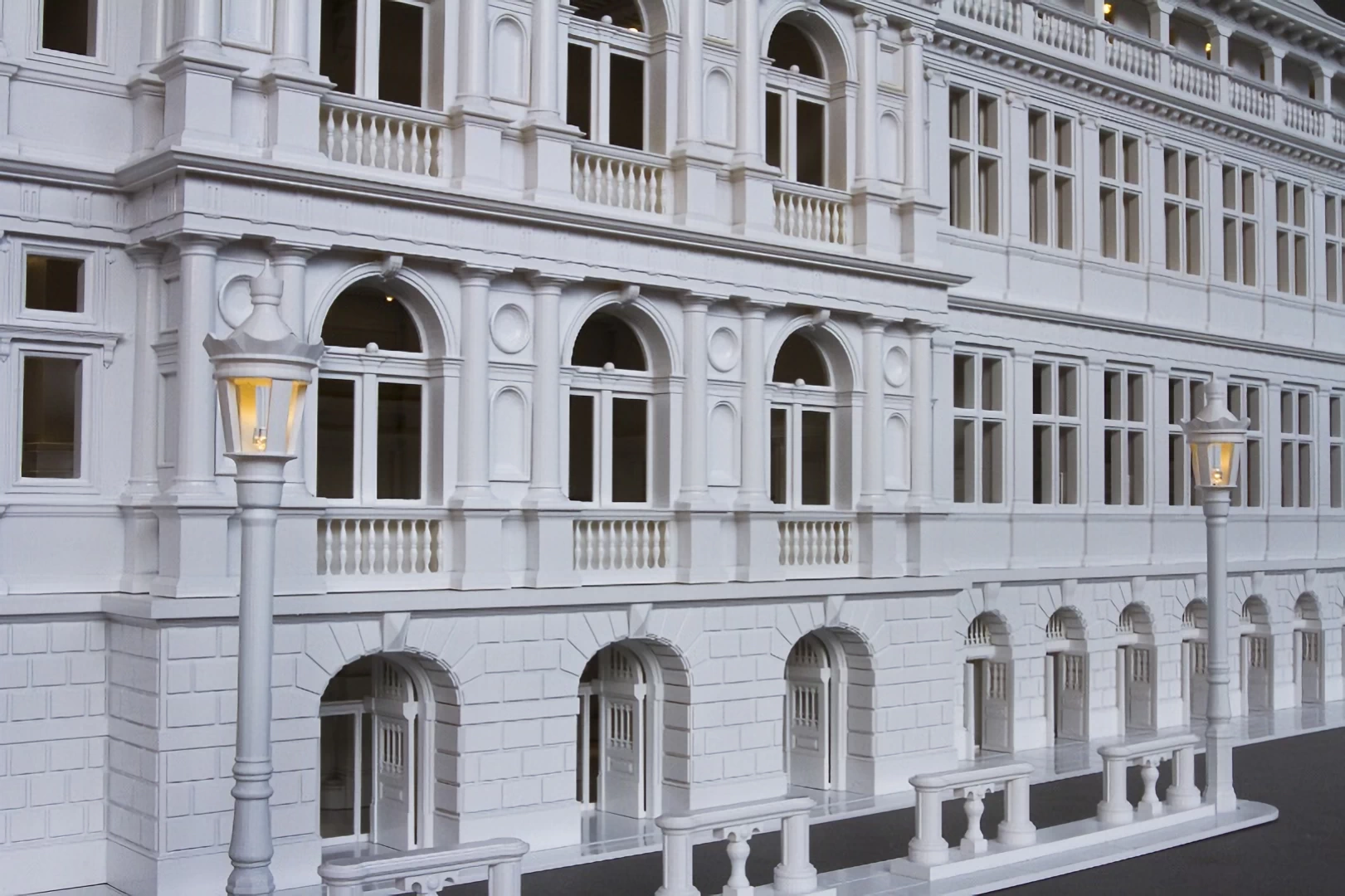 Lower front view of a white model of a the city hall of antwerp 3d printed in sla resin