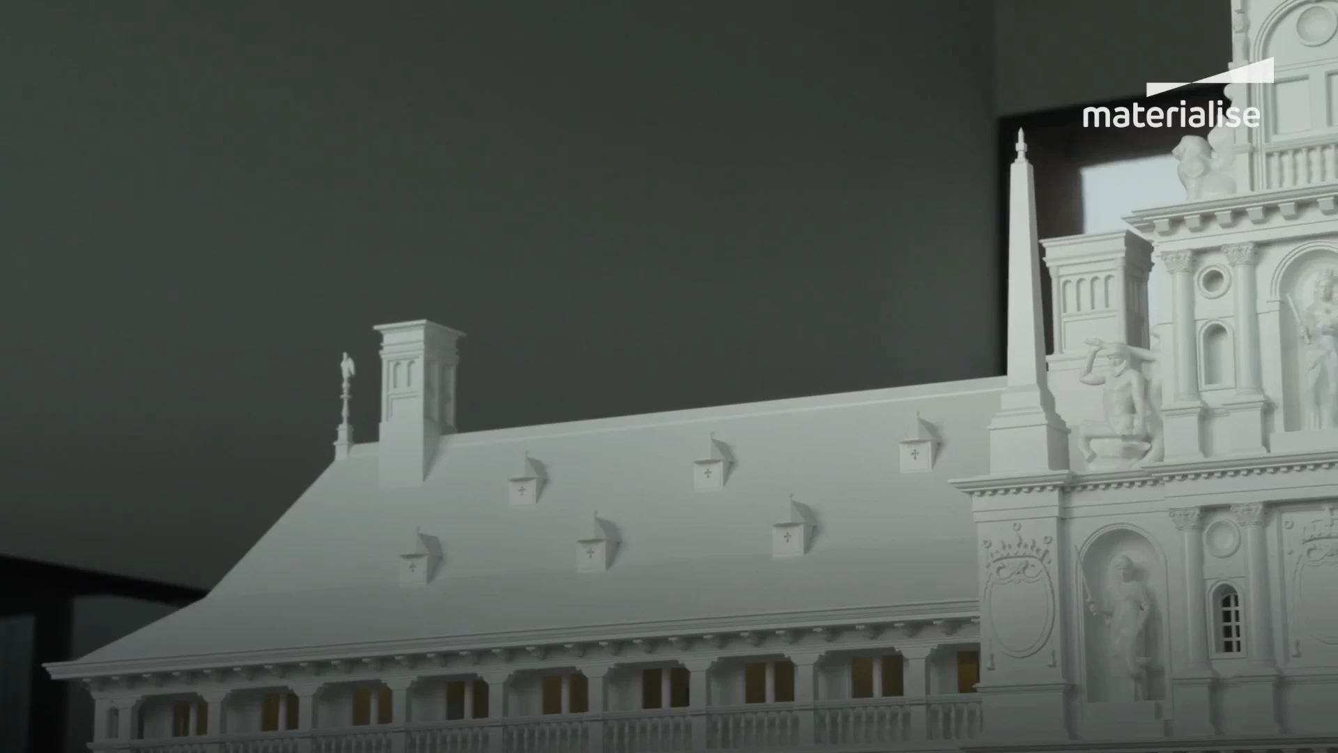 Top view of a white model of a the city hall of antwerp 3d printed in sla resin