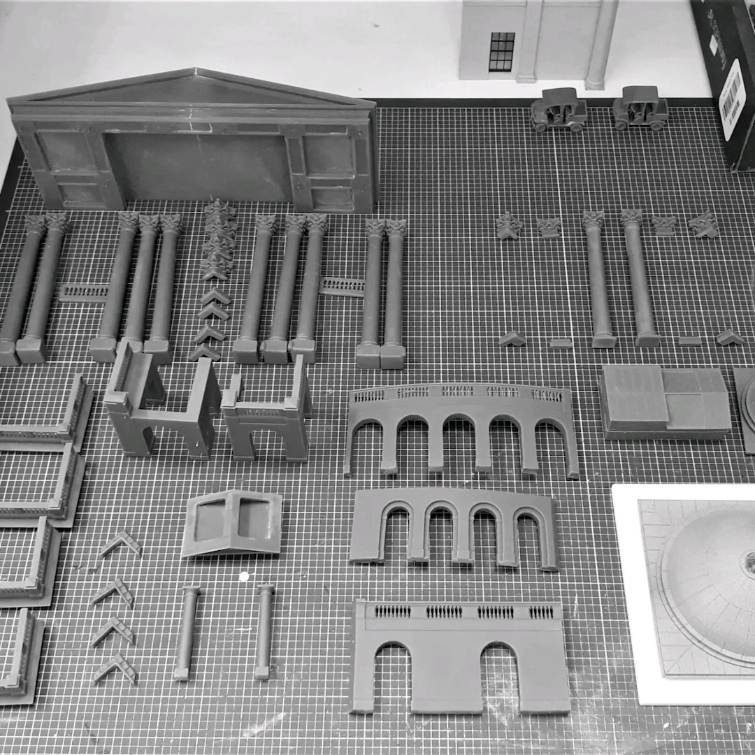 View of a classical roman style country mansion model 3d printed in sla resin during assembly