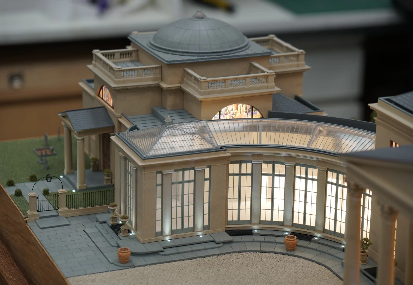 Close up view of a classical roman style country mansion model 3d printed in sla resin