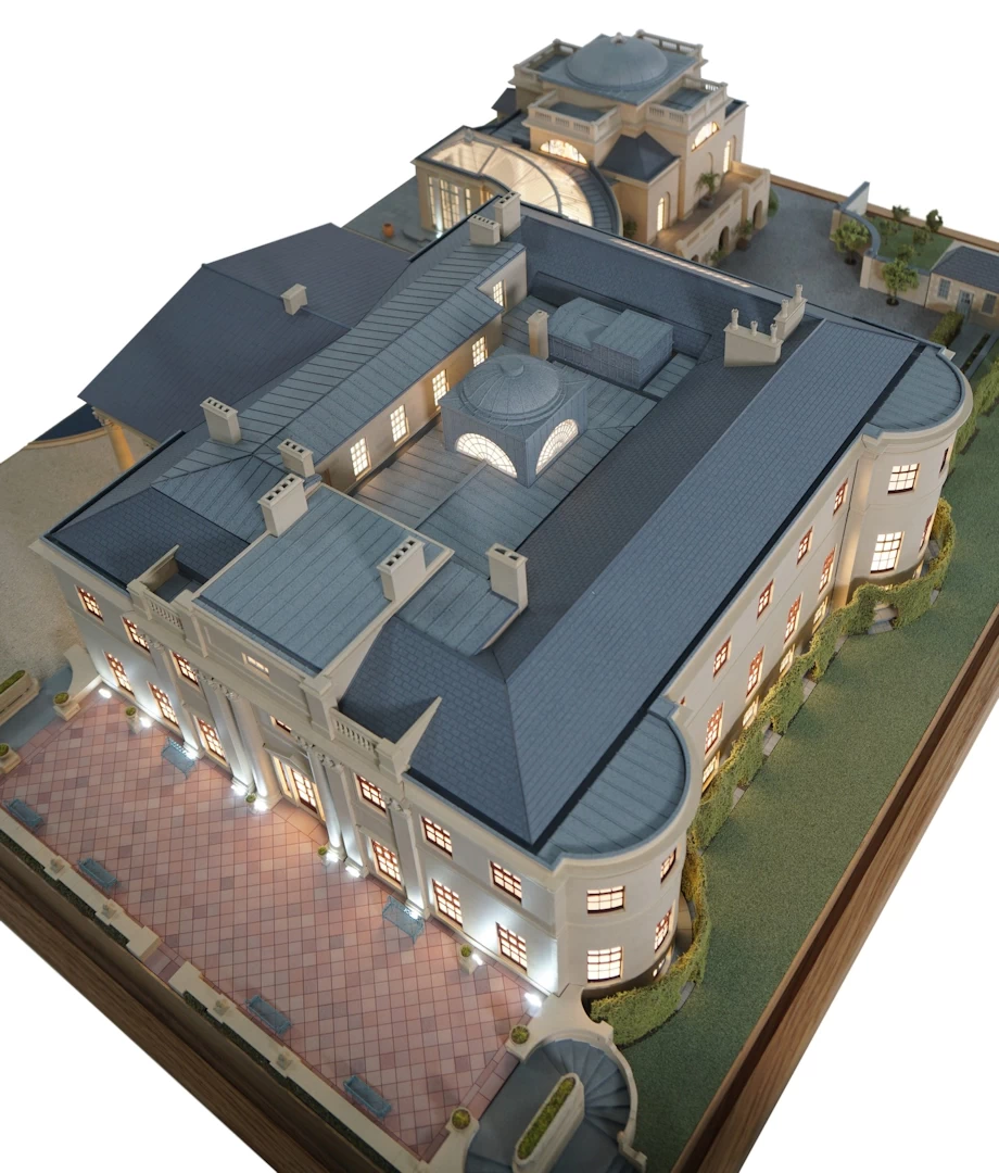 Top view of a classical roman style country mansion model 3d printed in sla resin