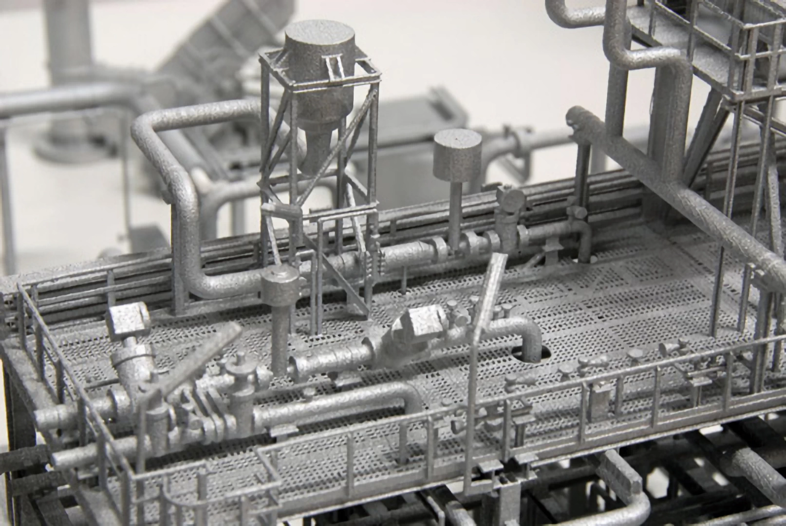 Top view of silver model of a natural gas plant 3d printed in sintered nylon