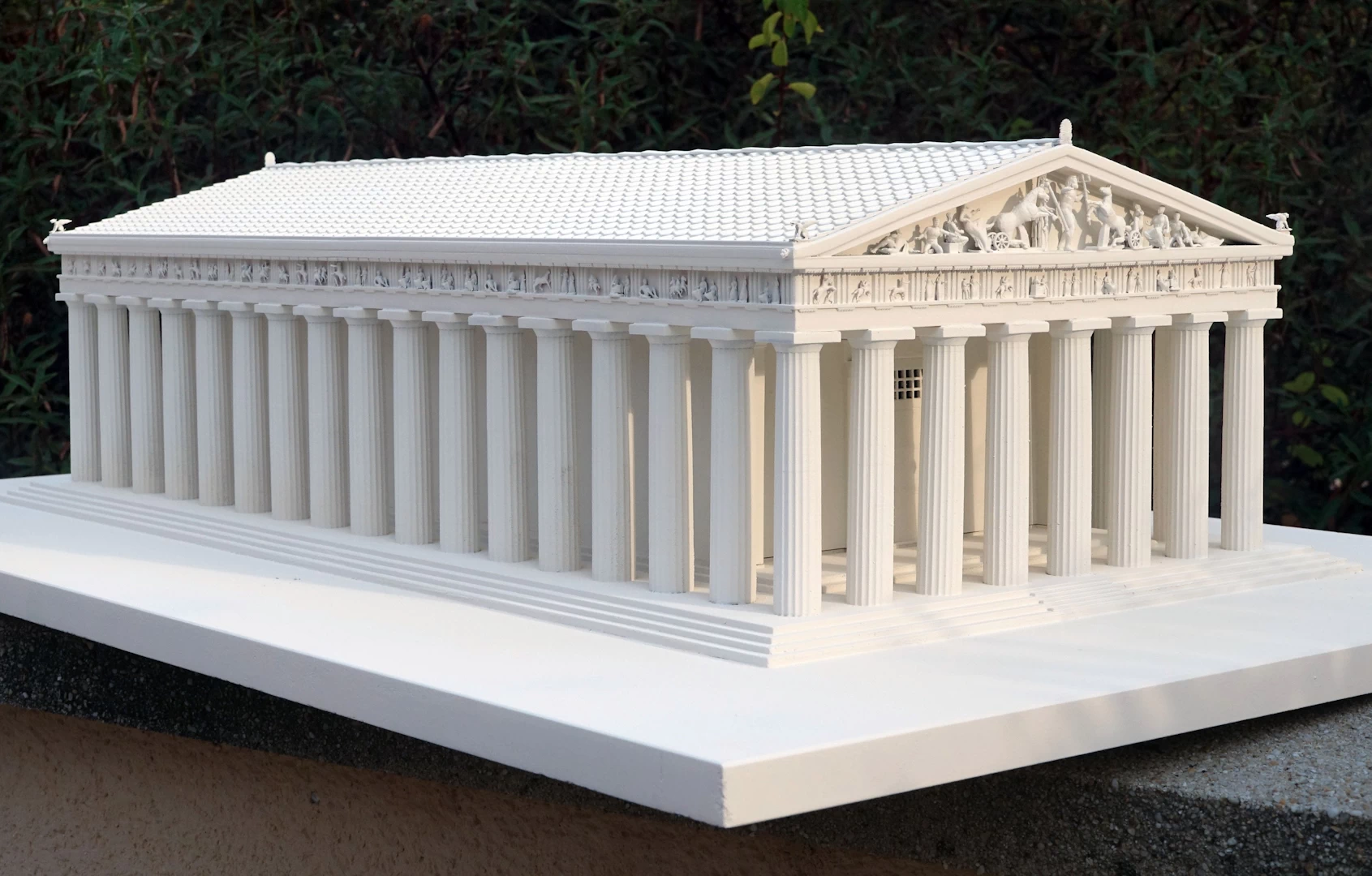 Front corner view of a white model of the parthenon in athens 3d printed in sla resin