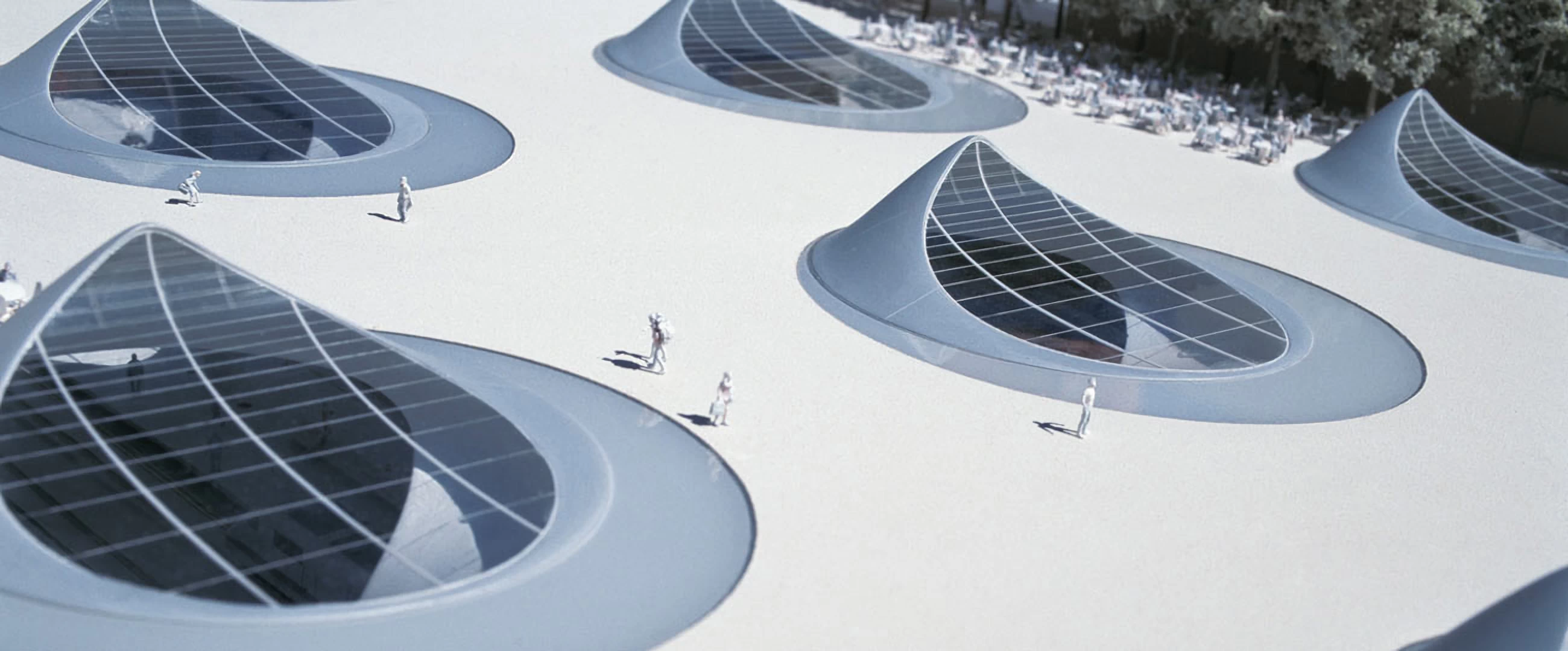 Close up view of a 3d printed model of a futuristic train station with organically shaped skylight cones