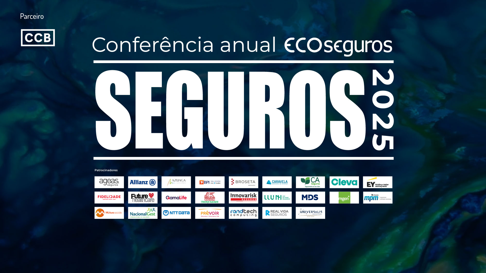 Banner da Conferência Eco Seguros 2025, com as várias marcas participantes em baixo (incluindo a RandTech Computing)