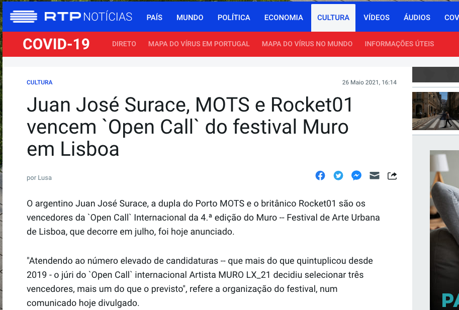 Juan José Surace, MOTS e Rocket01 vencem `Open Call` do festival Muro em Lisboa